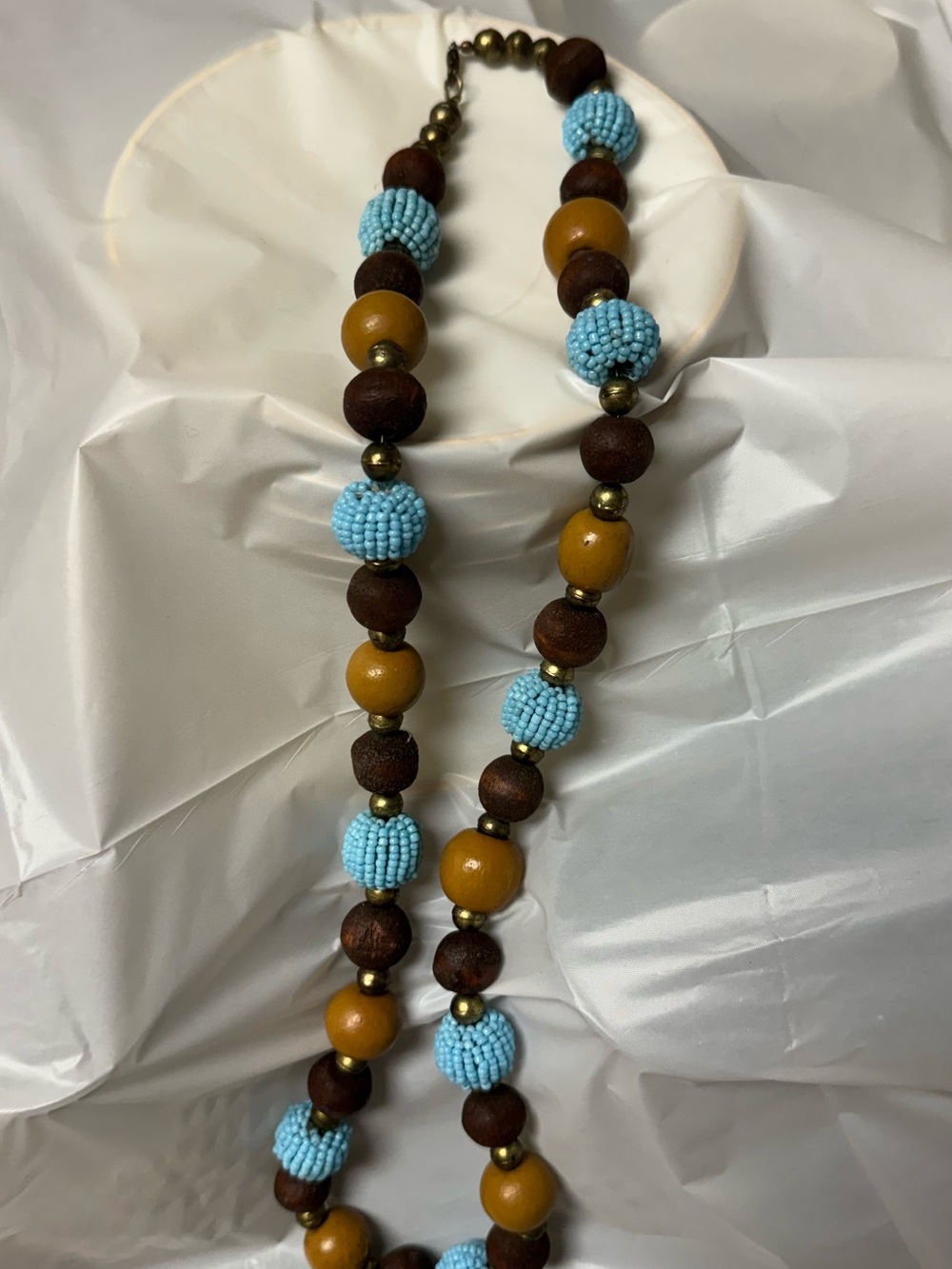 Beaded Turquoise & Mustard Wooden Necklace -